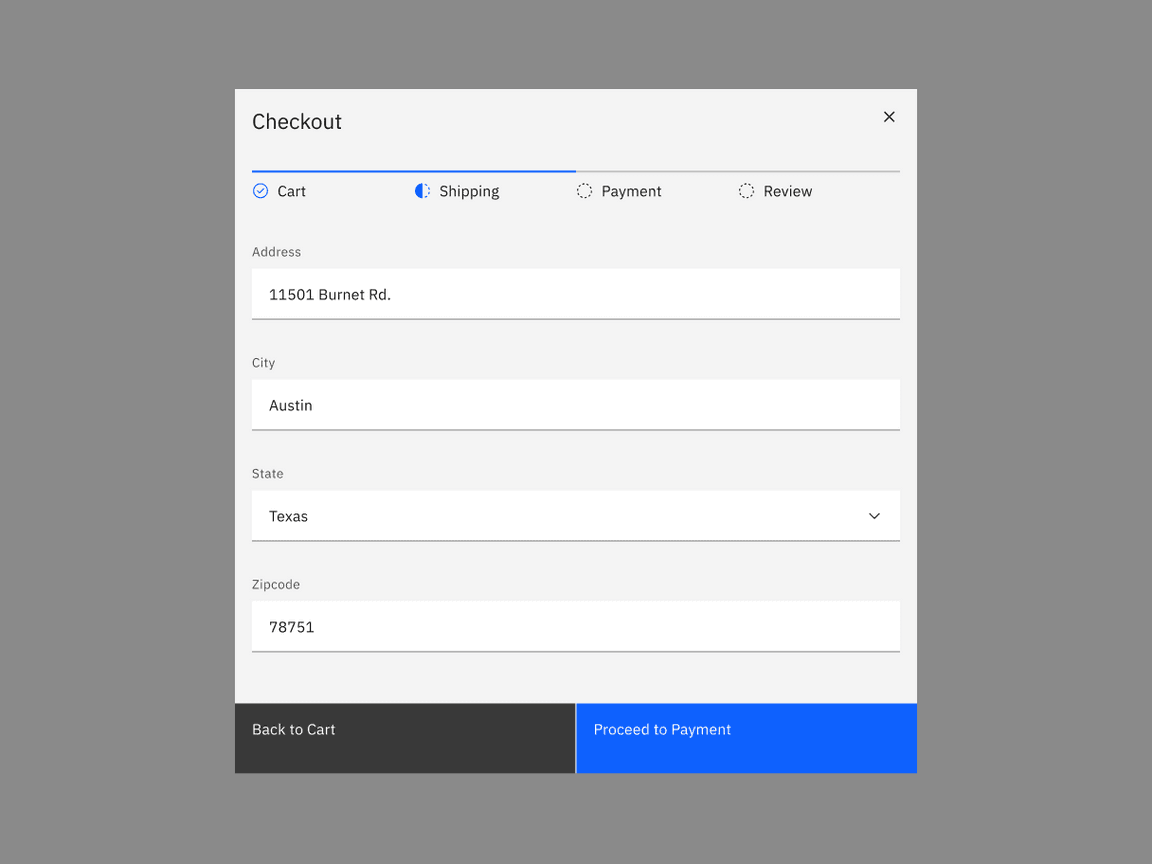 Example of progress indicator used in a payment UI